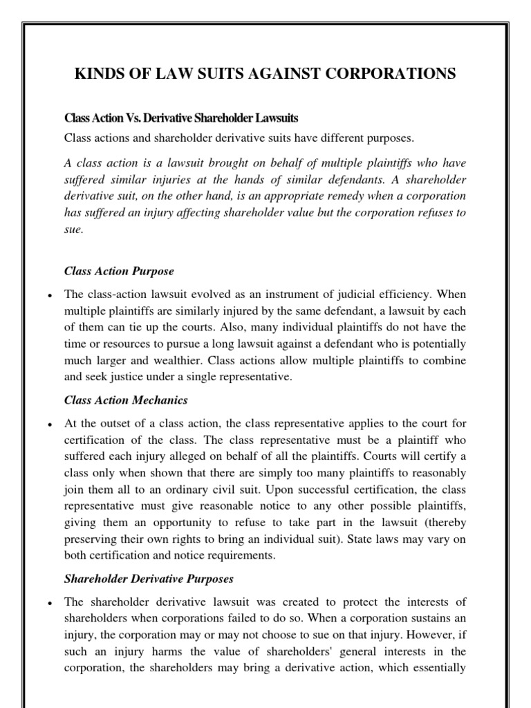Class Action vs. Derivative Lawsuits | PDF | Class Action | Lawsuit