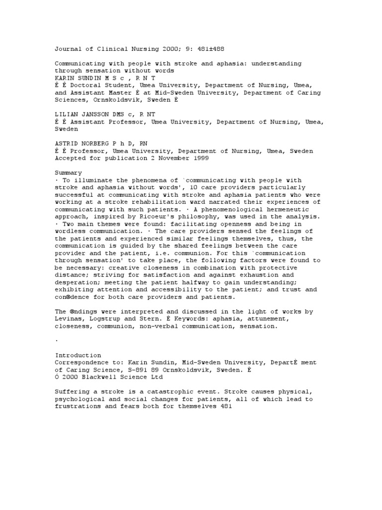 Journal of Clinical Nursing 2000 Aphasia Communication