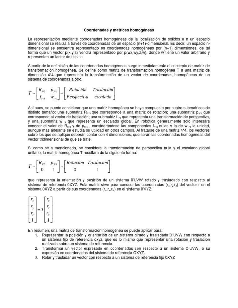Coordenadas y Matrices Homogéneas | PDF | Rotación | Sistema coordinado