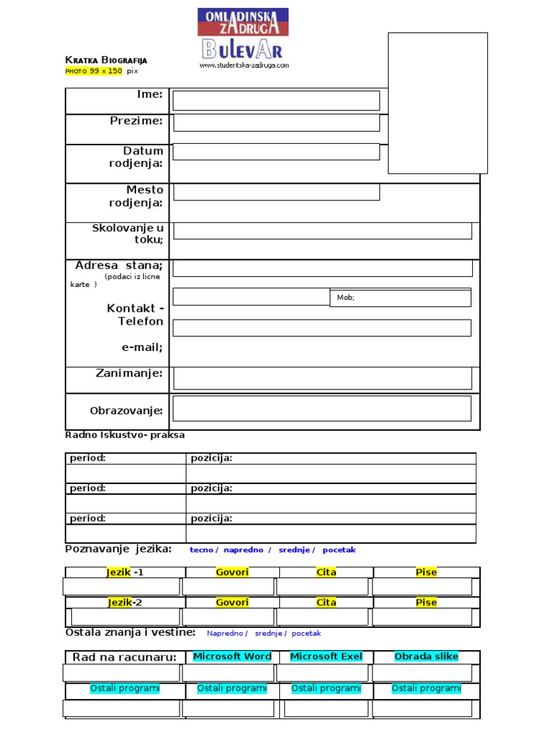 Obrazac 1328999012 Kratka Biografija Cv