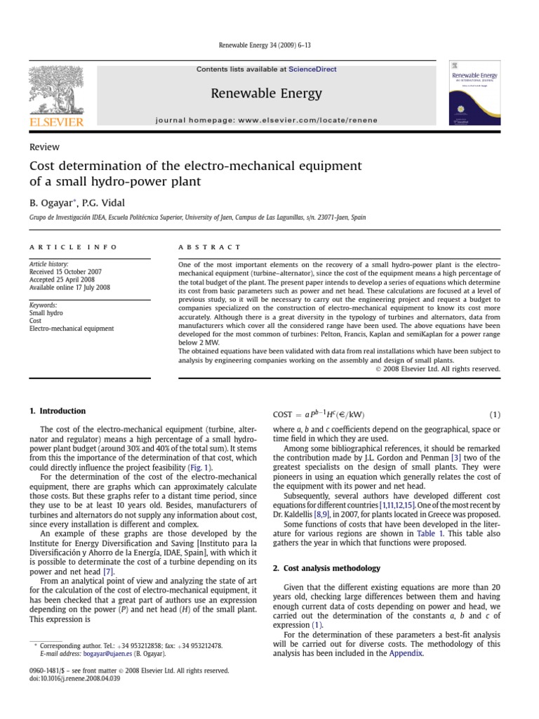 Cost Determination of The Electro-Mechanical Equipment of A Small Hydro ...