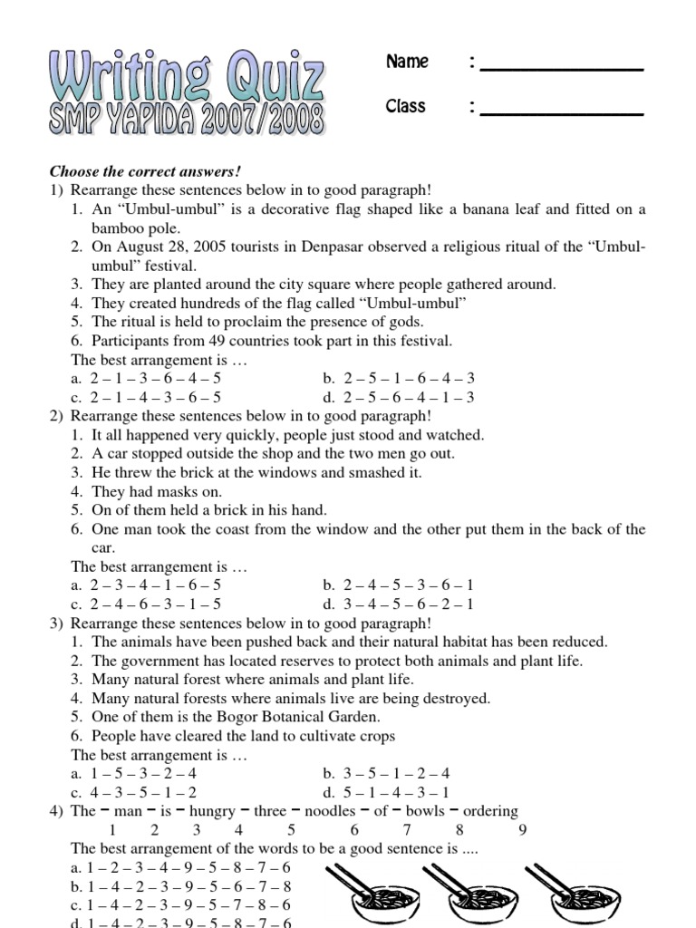 English Writing Quiz PDF Nature