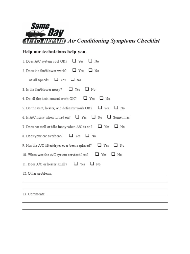 Air Conditioning Symptoms Checklist PDF Air Conditioning Liquids