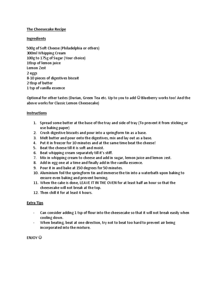 Classic Lemon Cheesecake Recipe | PDF | Cooking, Food & Wine