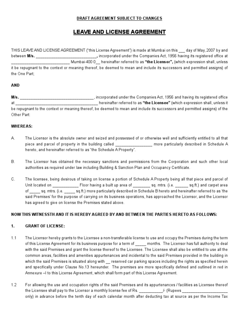 Leave and License Agreement - Commercial | PDF | License | Indemnity