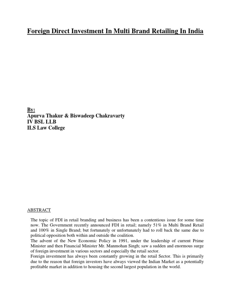 FDI in Multi Brand Retailing in India Research Paper Download Free PDF Foreign Direct