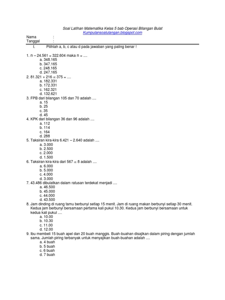 Soal Latihan Matematika Kelas 5 Bab Operasi Bilangan Bulat