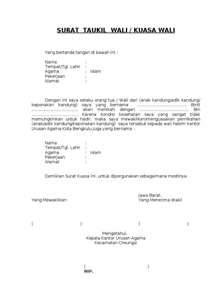 Surat Taukil Wali Kuasa Wali Cargado Por