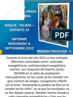 INFORME MISIONERO a Septiembre 2012 - Distrito 10 - Ibagué, Tolima