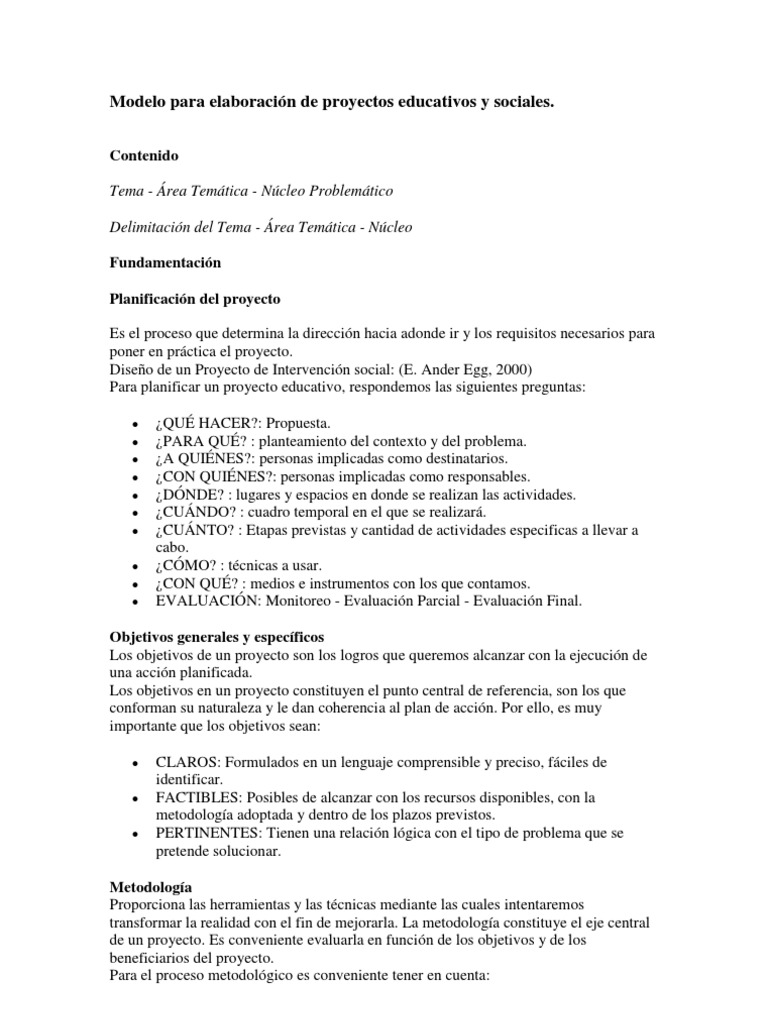 Modelo de Proyecto Educativo y Social | PDF | Planificación | Evaluación