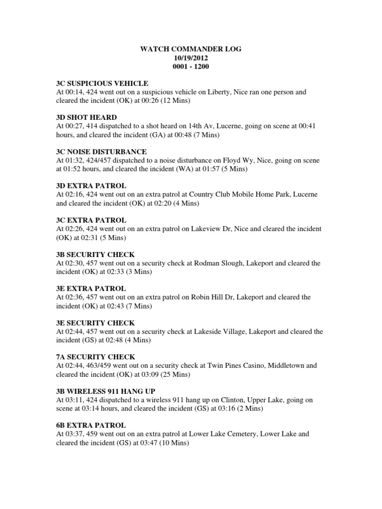 Lake County Sheriff's Watch Commander Logs | PDF | Traffic Stop | Land ...