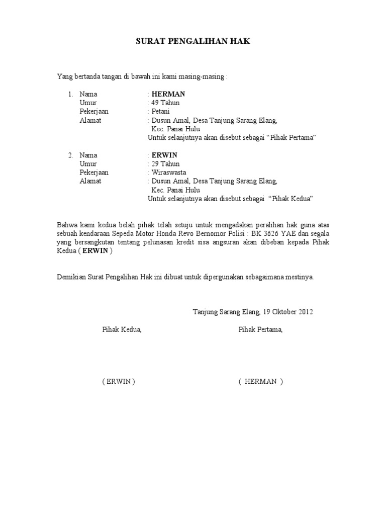 Contoh Surat Pengalihan Hak Atas Sebidang Tanah - Kumpulan Surat Penting