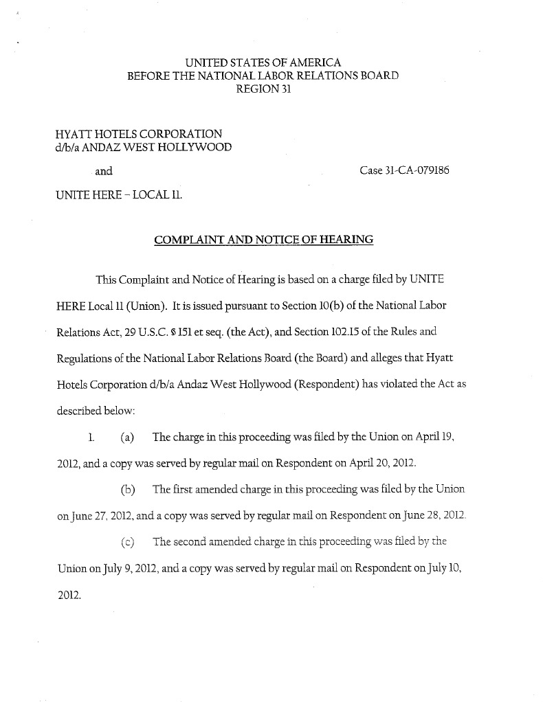 An official NLRB complaint filed by Unite Here Local 11 against Hyatt