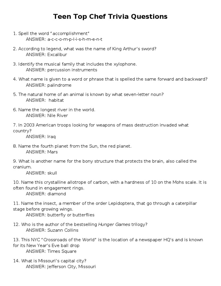 Teen Iron Chef Trivia Questions