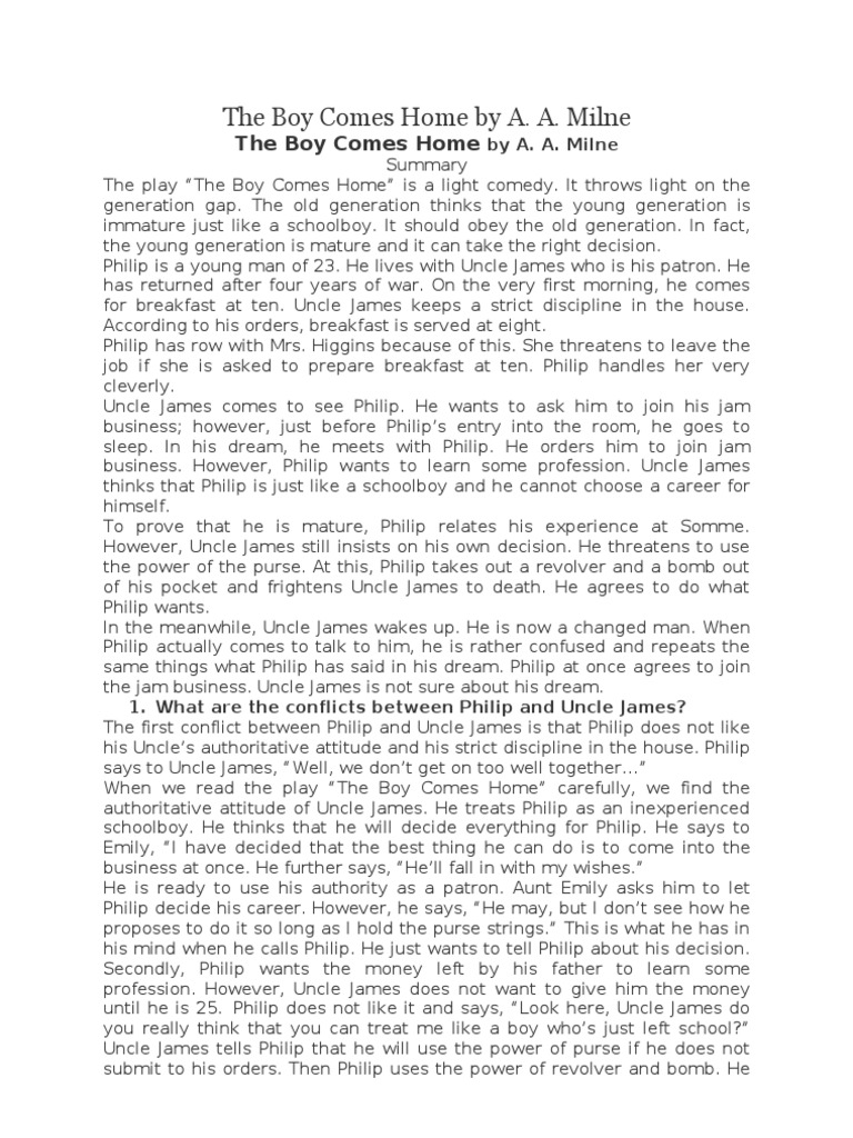 The Boy Comes Home by Milne Summery PDF Jokes