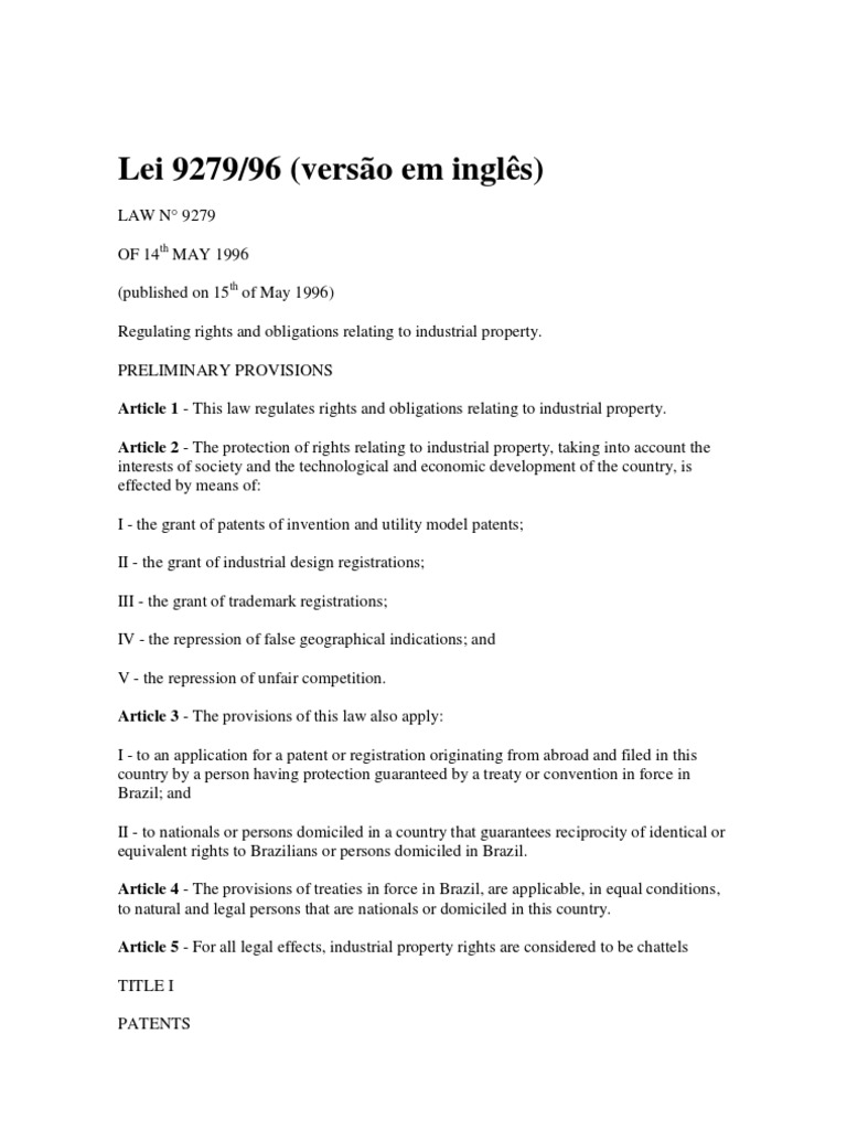 Brazilian Industrial Property Law (Law No. 9279/96) PDF Patent