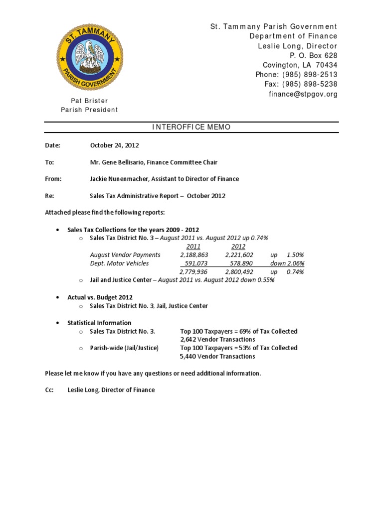 2012 St. Tammany Parish Sales Tax Report October Public Law Taxation