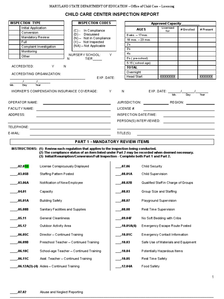 Maryland Child Care Inspection Report | PDF | Day Care | Child Care