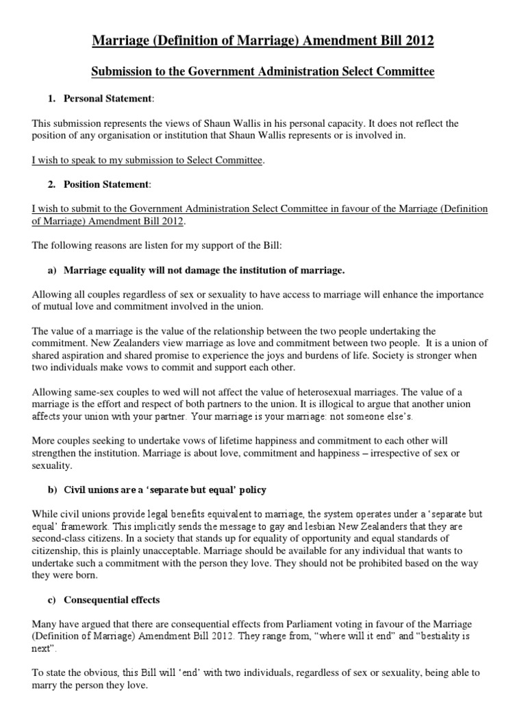 Submission To Select Committee | PDF | Same Sex Marriage | Marriage