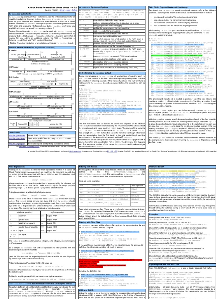 Check Point fw monitor Cheat Sheet | PDF | Transmission Control ...