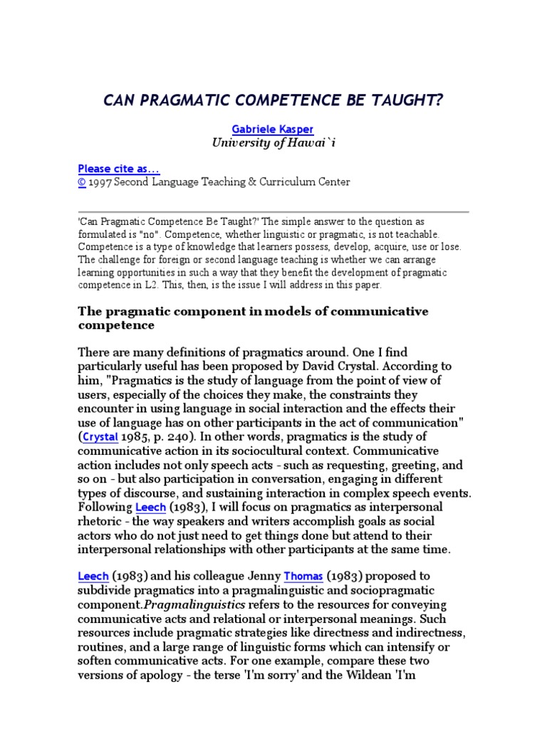 Kasper - 1997 - Can Pragmatic Competence Be Taught | PDF | Second ...