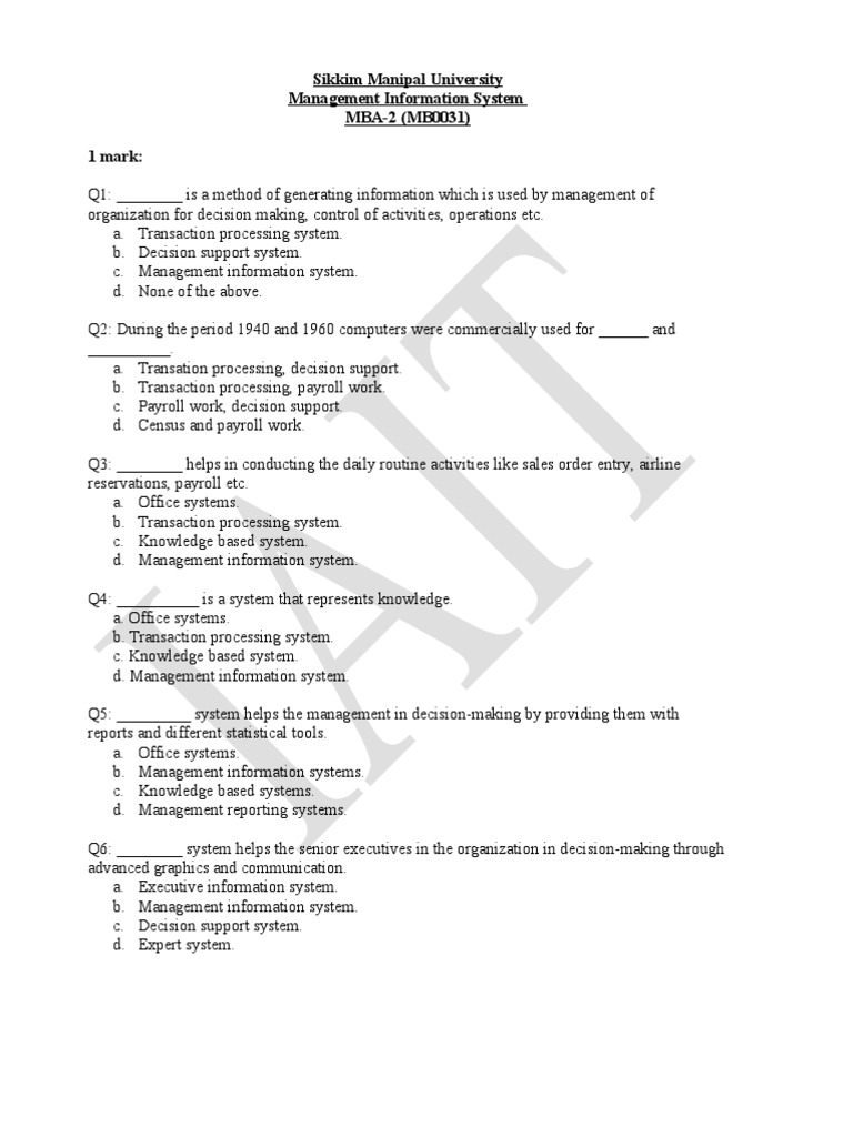 MBA Management Information System Exam | PDF | Information System ...