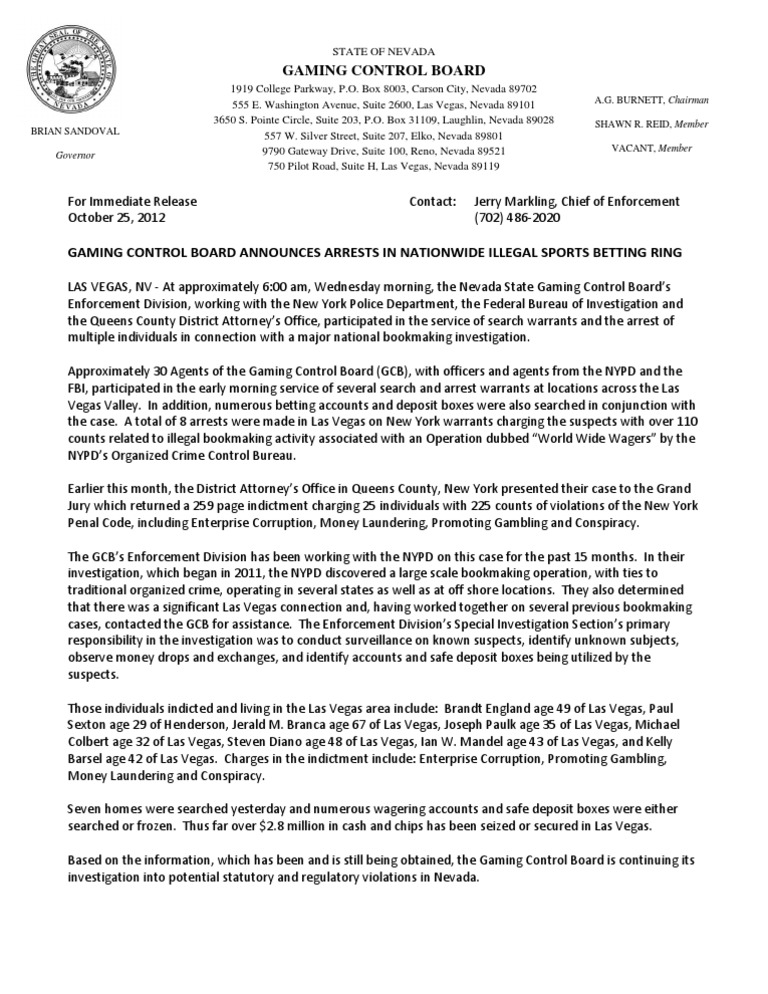 Gaming Control Board Announces Arrests Press Release PDF Nevada