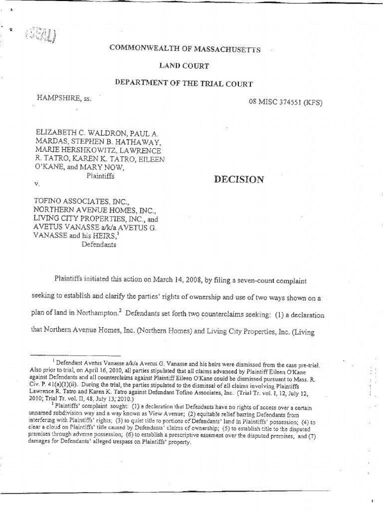 Massachusetts Land Court Finds in Favor of Plaintiffs vs. Kohl