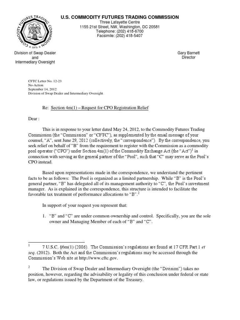 CFTC NoAction Letter No 1223 Section 4m (1) Request For CPO