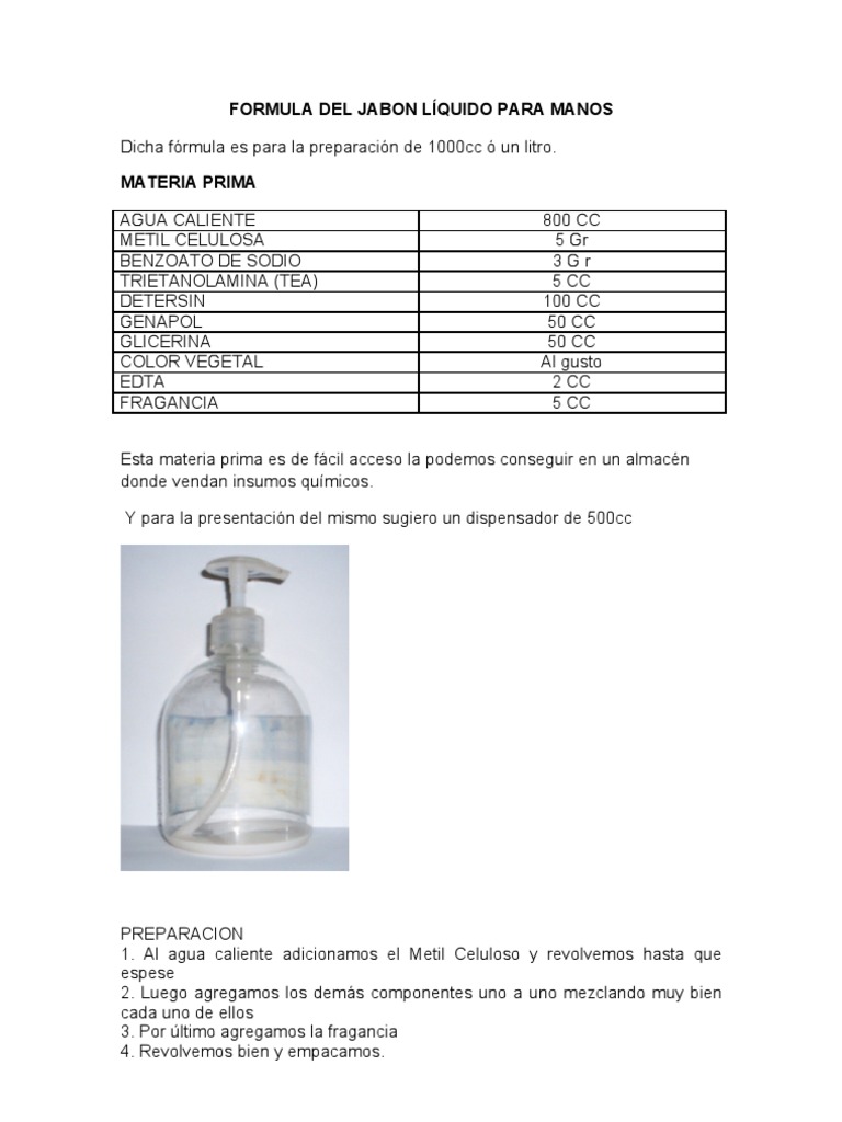 Formula Del Jabon Líquido para Manos