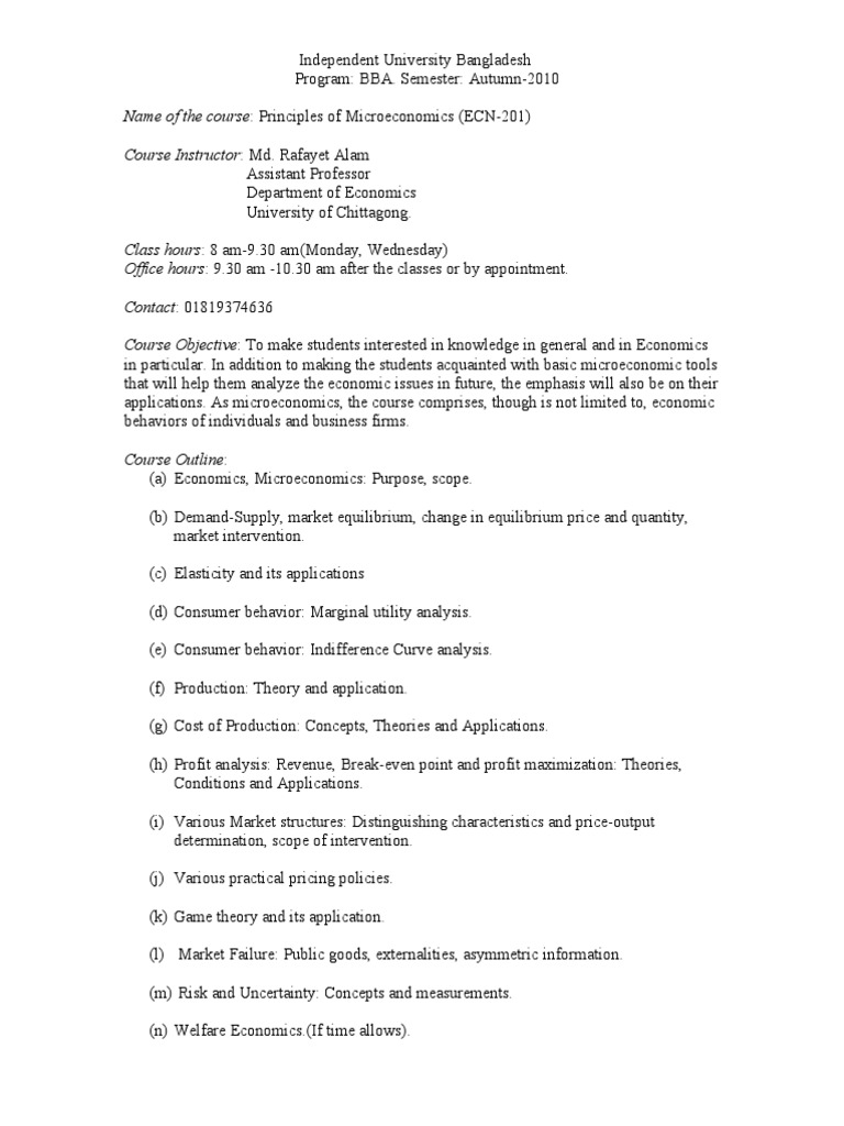 Iub Micro Course Outline PDF Microeconomics Economics