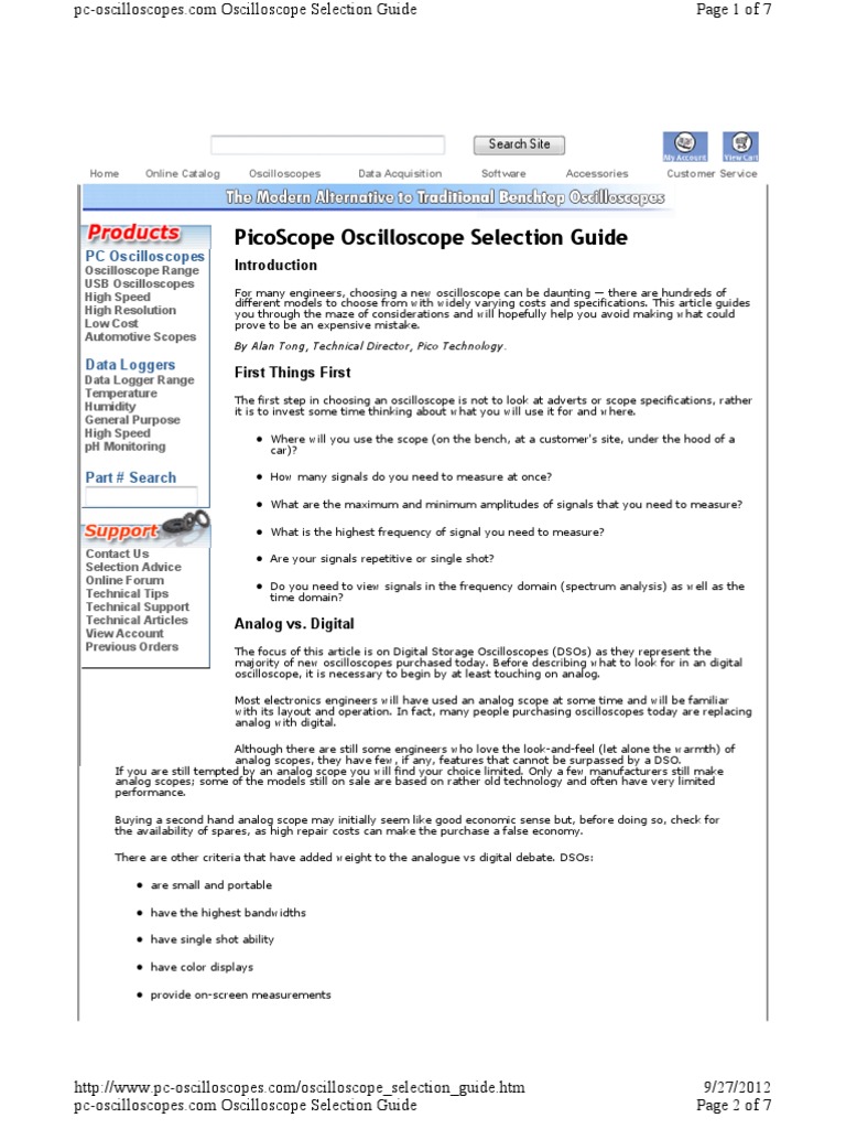 Picoscope Oscilloscope Selection Guide: PC Oscilloscopes | PDF ...