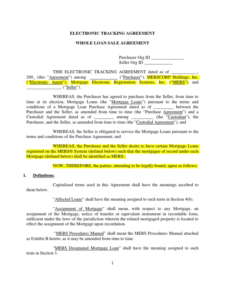 MERS Electronic Tracking Agreement Whole Loan Template v6 Mortgage