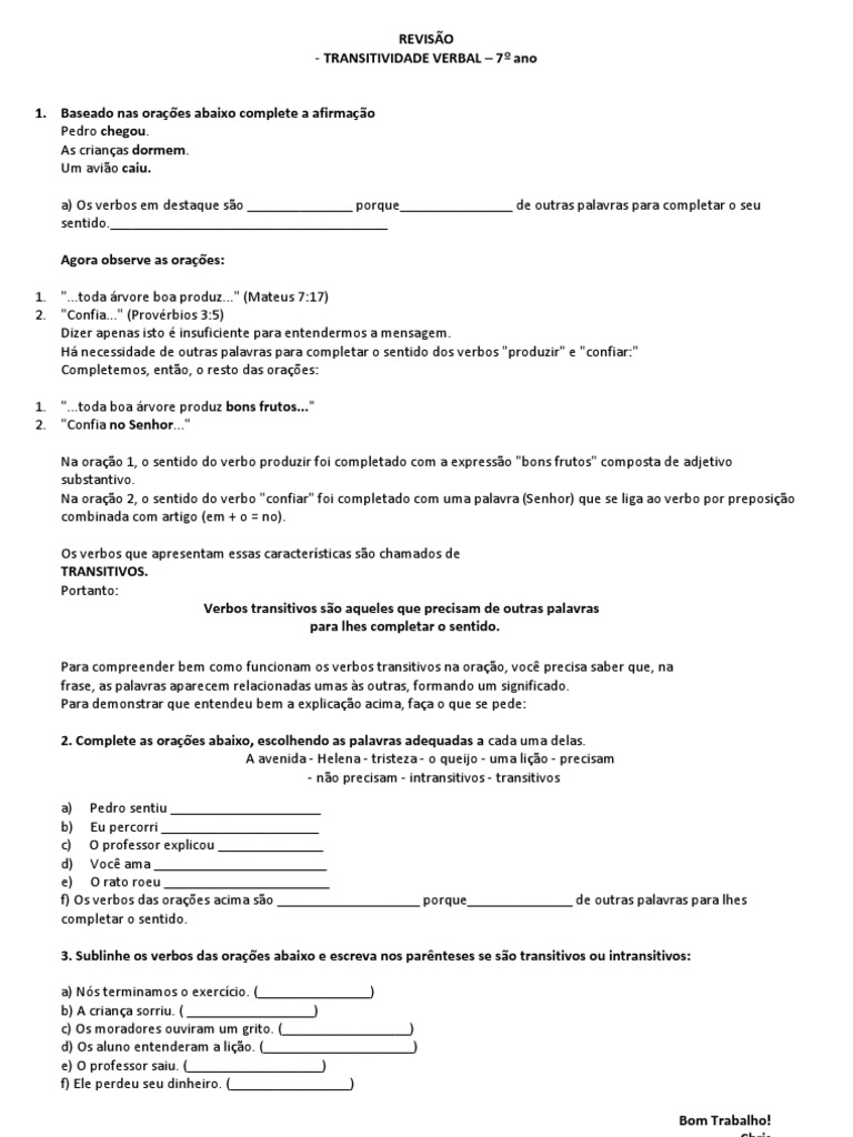 TRANSITIVIDADE VERBAL 7ºANO