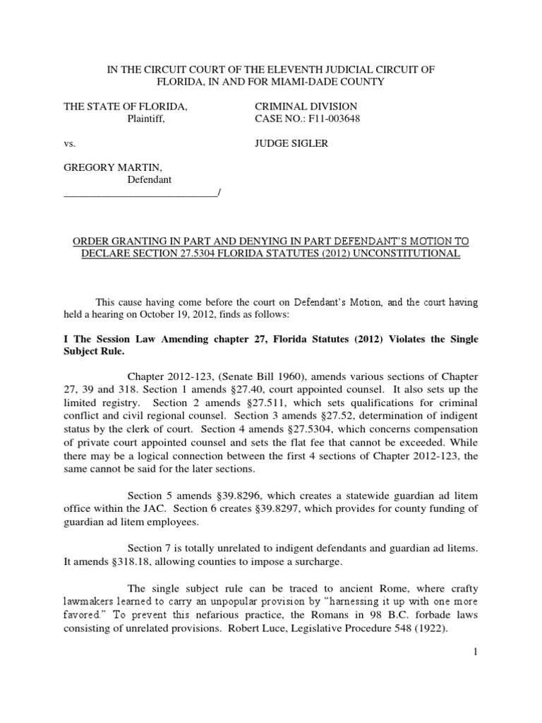 I The Session Law Amending Chapter 27, Florida Statutes (2012) Violates
