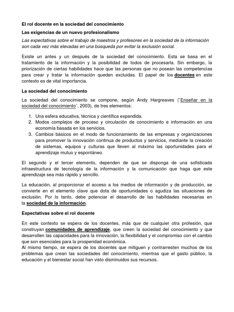 Rol del docente en la sociedad del conocimiento | PDF | Aprendizaje ...