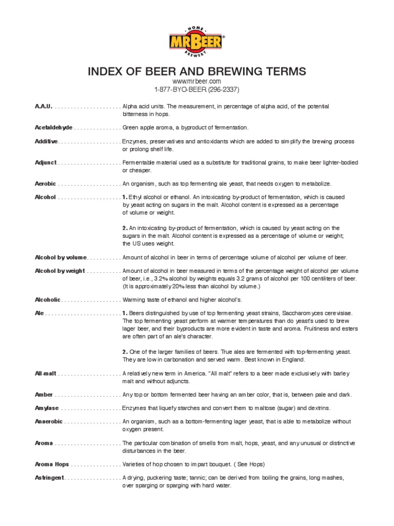 Index of Beer and Brewing Terms PDF Brewing Beer