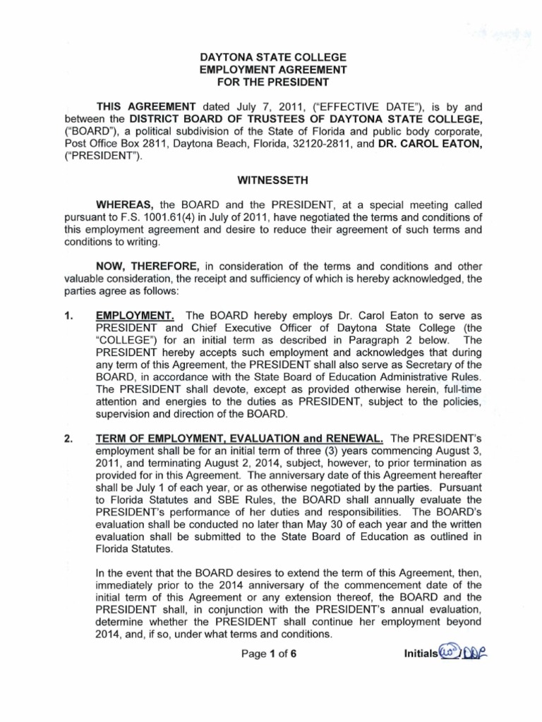 Daytona State College President's Contract | PDF | Employment | Salary