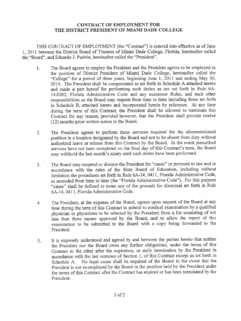 Miami Dade College President's Contract | PDF
