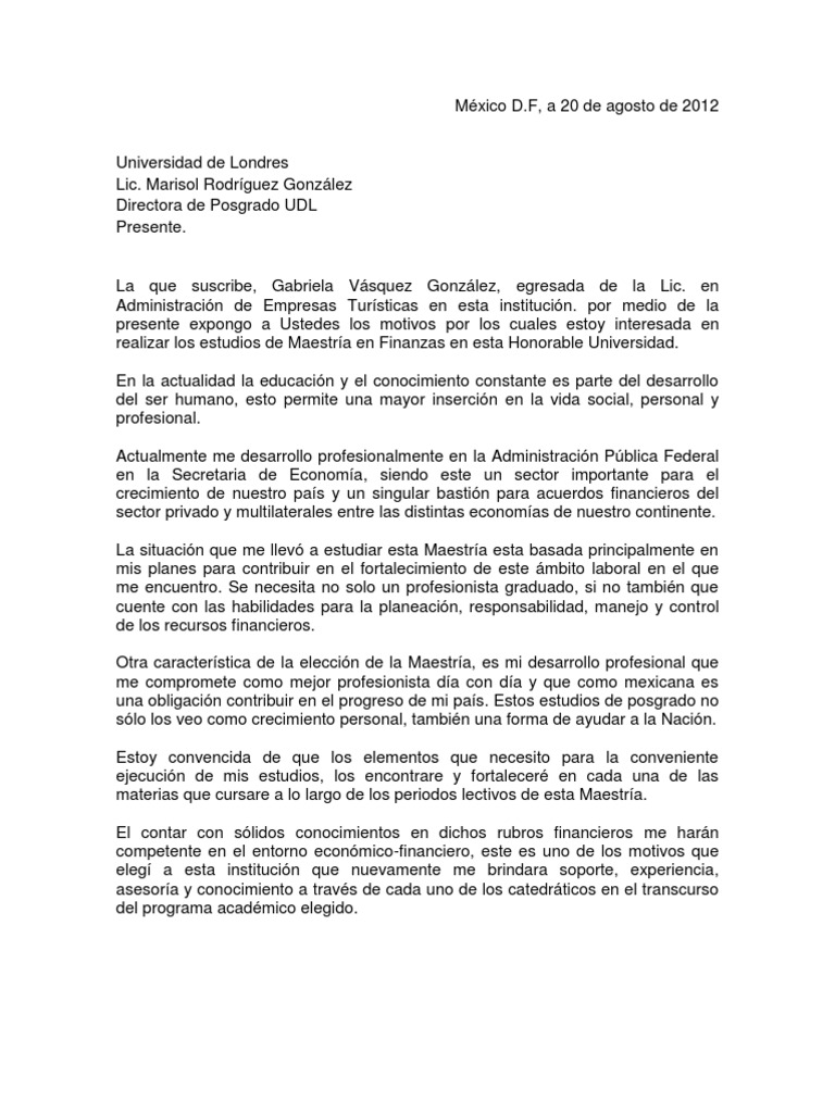 Carta Exposicion De Motivos Maestria - r Carta De