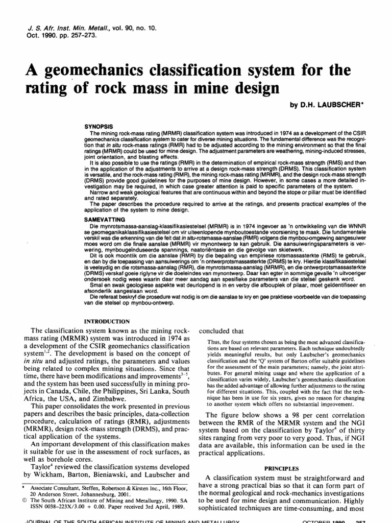 Rock Mass Rating for Mine Design | PDF