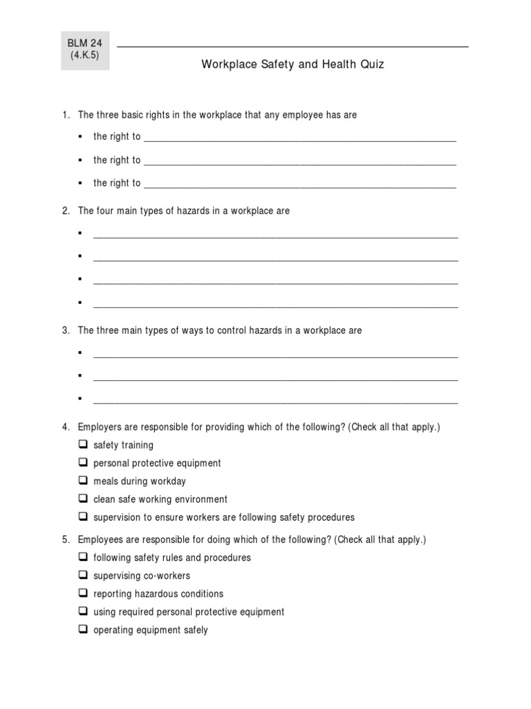Work Safety Quiz PDF Personal Protective Equipment Occupational Safety And Health