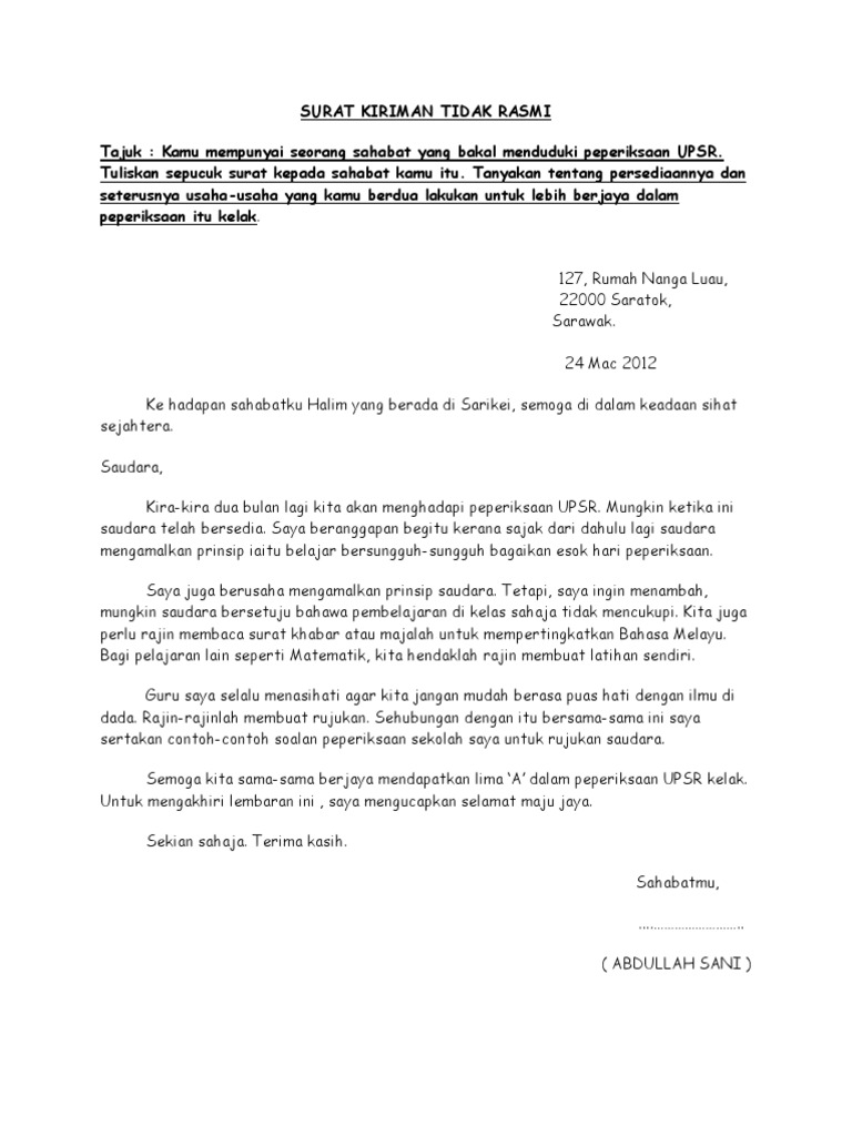 Contoh Surat Tidak Rasmi Darjah 4 Letter 7saudara Com