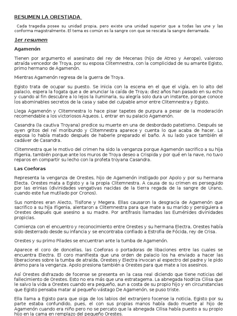 Resumen La Orestiada PDF Agamenón Clitemnestra