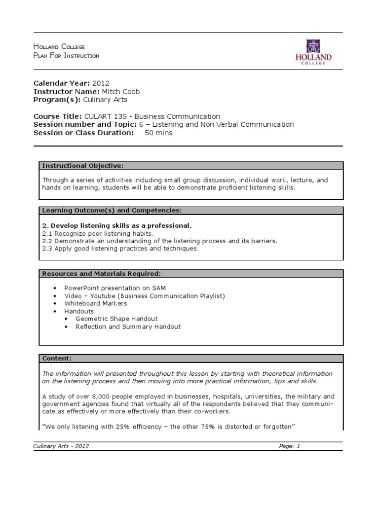 Listening and Non Verbal Communication Lesson Plan PDF Educational