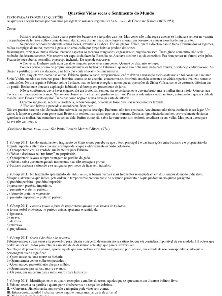 Questões Vidas Secas e Sentimento Do Mundo (Com Gabarito) | PDF ...