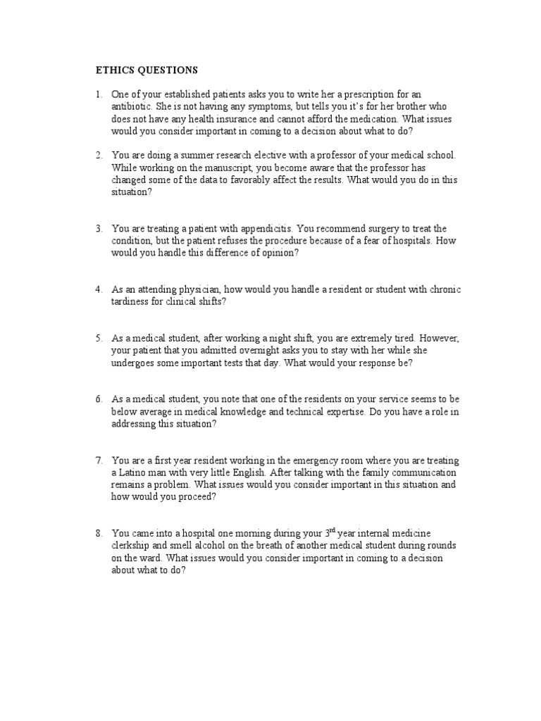 General Mock Interview Ethics Questions For Medical School  PDF