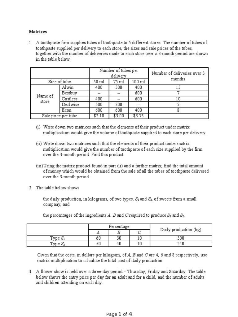 Matrices Matrix (Mathematics) Multiple Choice