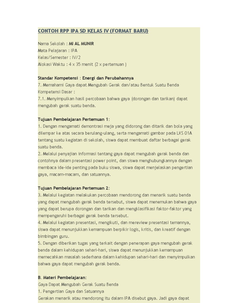 RPP IPA Kelas IV: Gaya dan Gerak Benda | PDF | Karier & Perkembangan ...