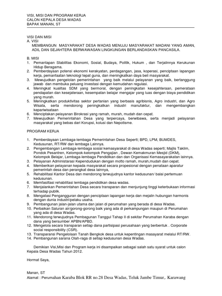 Visi Misi Program Kerja Calon Kepala Desa